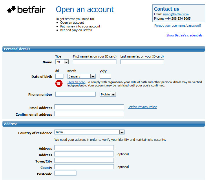 Betfair Signup Page